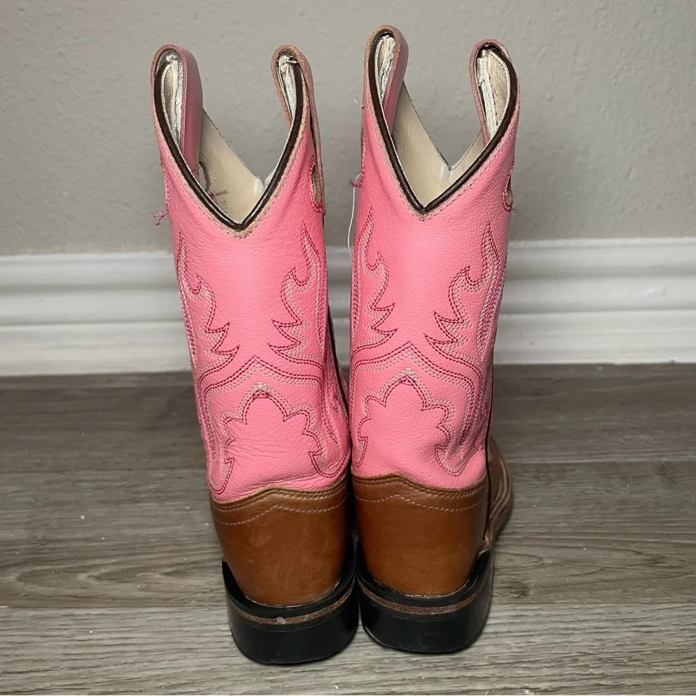 Old West Pink & Brown Leather Upper Girl’s Sz 10‎ Cowbow Boots BSC1839